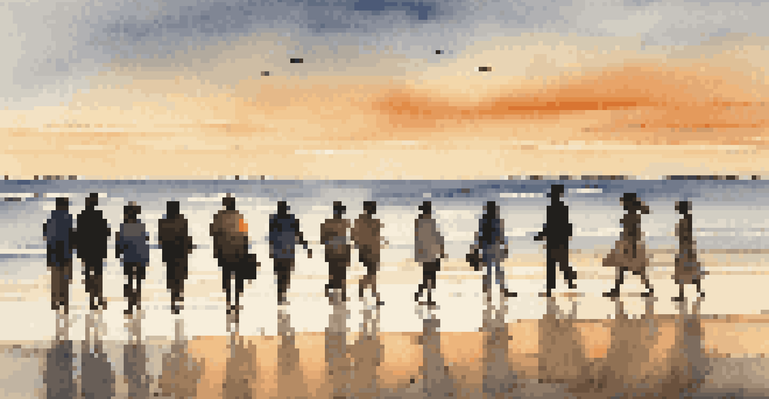 A group of people walking on a beach during sunset, with colorful skies and waves, symbolizing friendship and shared experiences in nature.