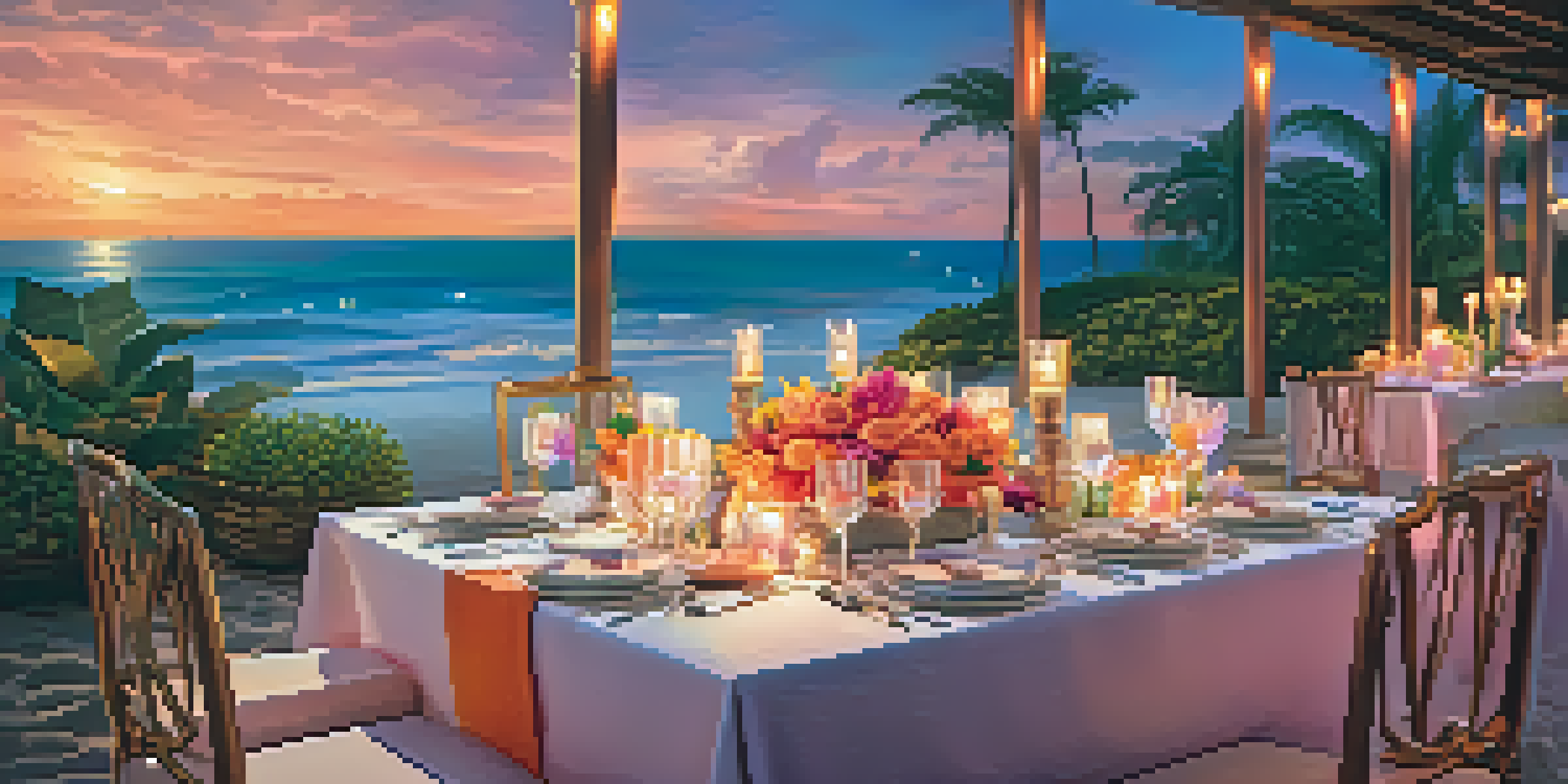 A romantic beachside dinner setup with a beautifully decorated table at sunset, surrounded by ocean waves and a colorful sky.