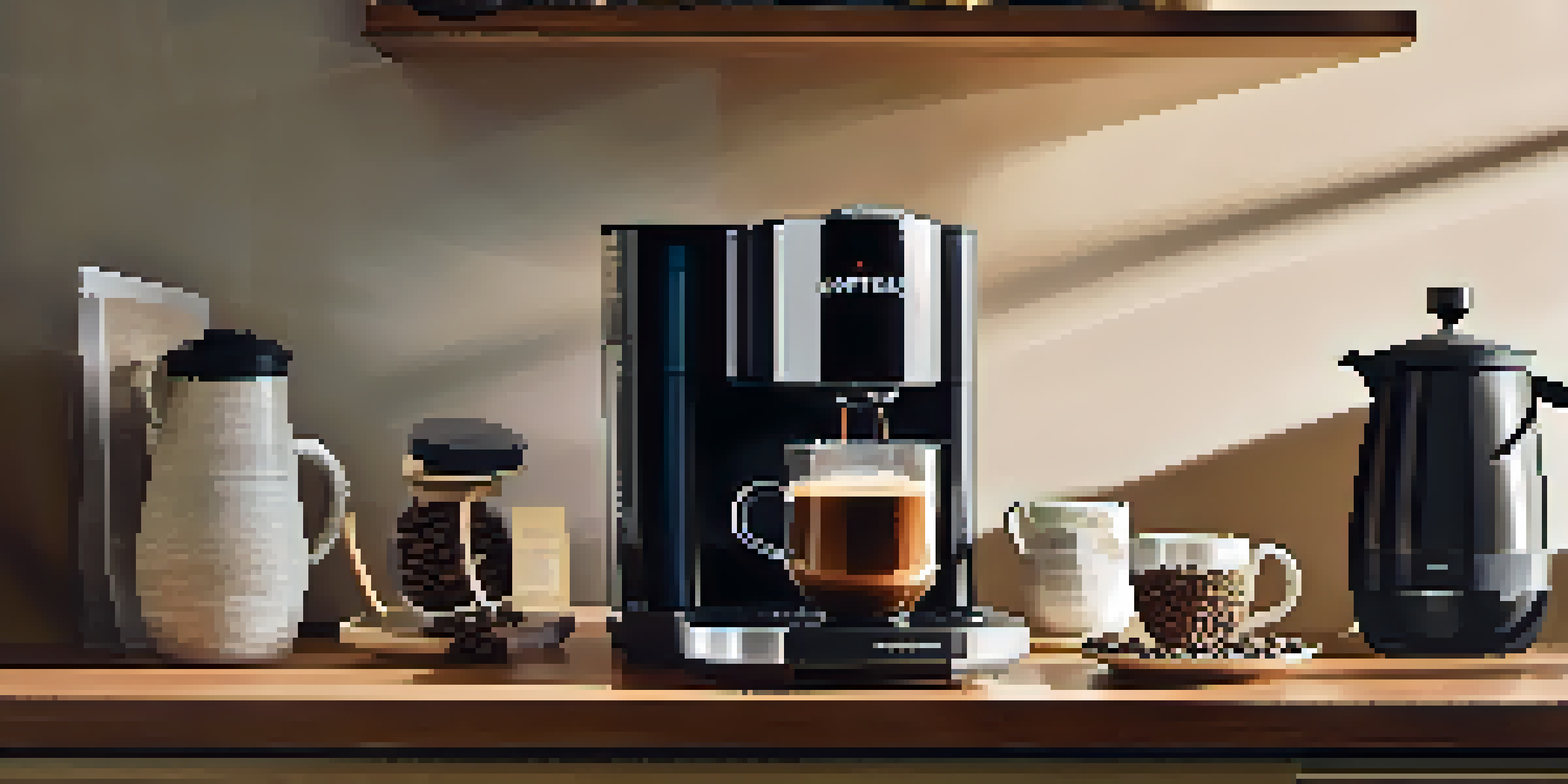 A coffee corner with a premium coffee maker, elegant mugs, and decorative jars of coffee beans, illuminated by warm morning light.