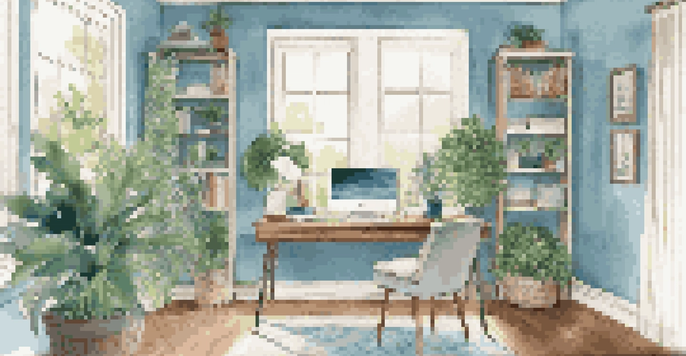 A home office filled with natural light from a window, featuring a wooden desk, sheer curtains, green plants, and calming blue walls.