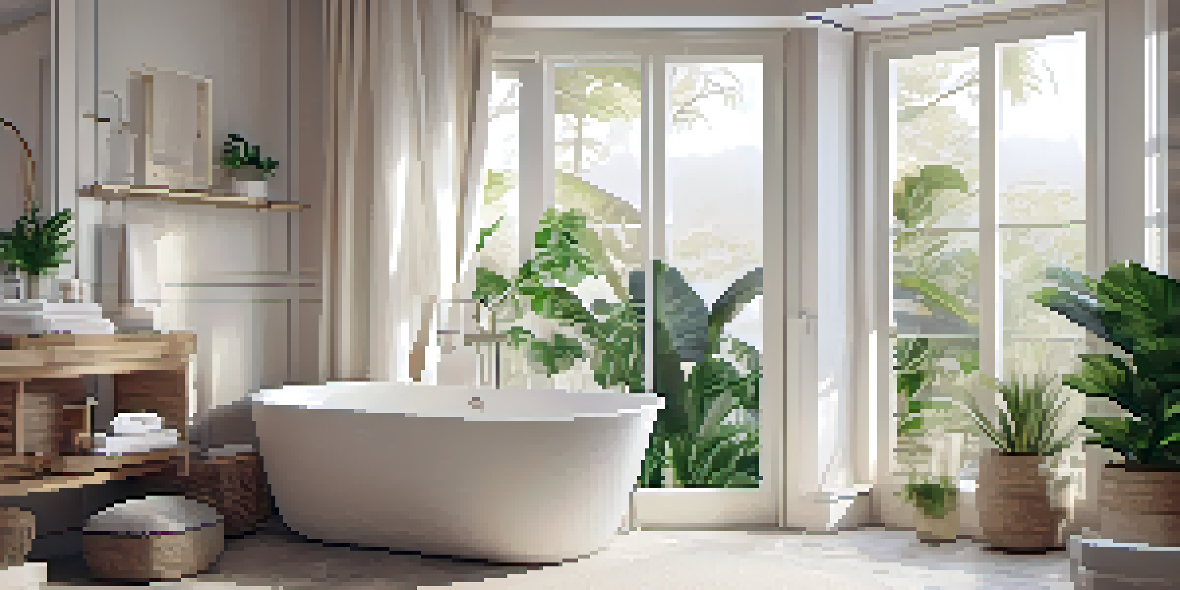 A tranquil bathroom with light colors, modern fixtures, and indoor plants, illuminated by natural light.