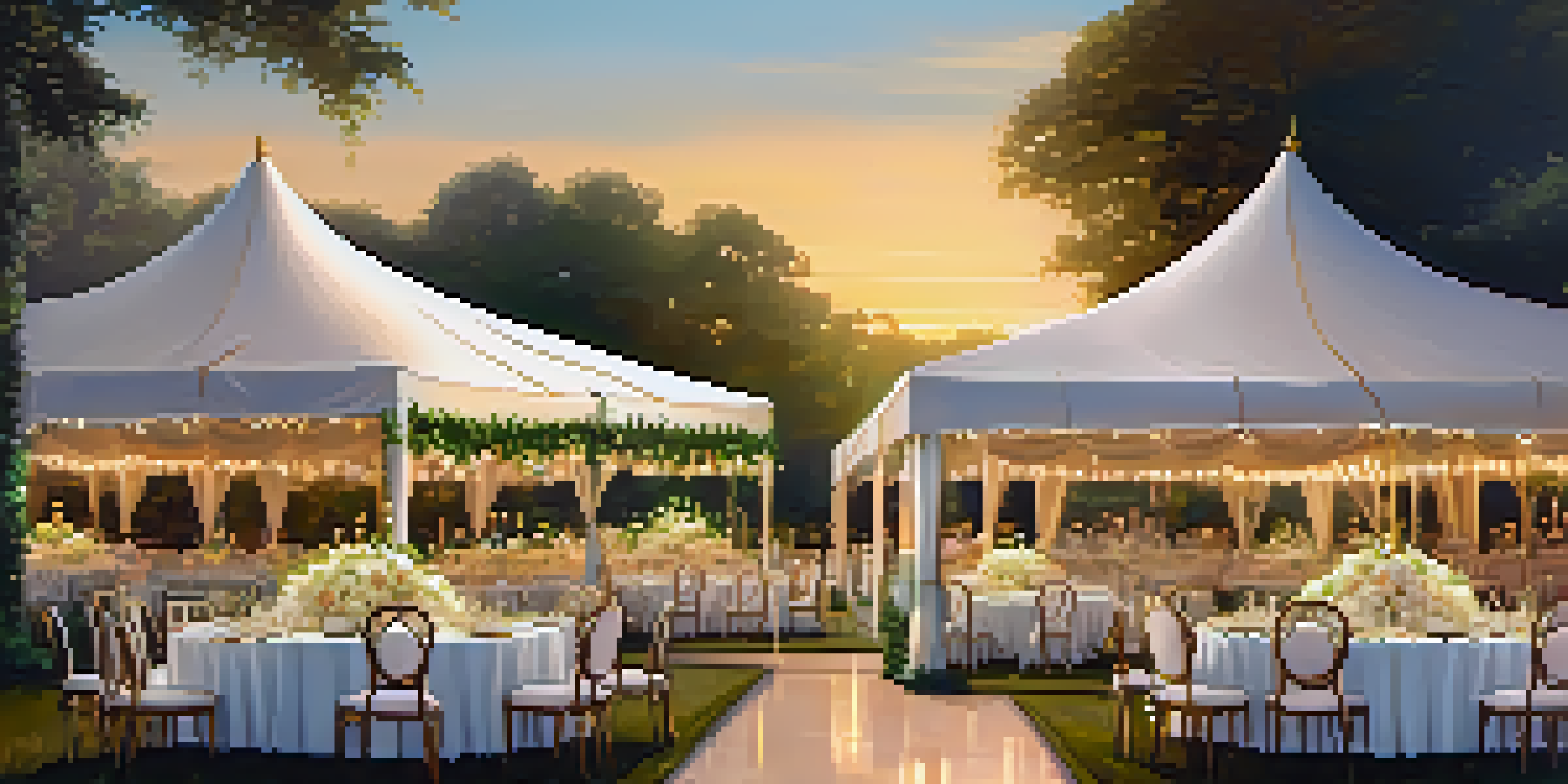 A luxurious outdoor event with a white tent, golden accents, lush greenery, and ambient lighting, featuring guests and a live painter.