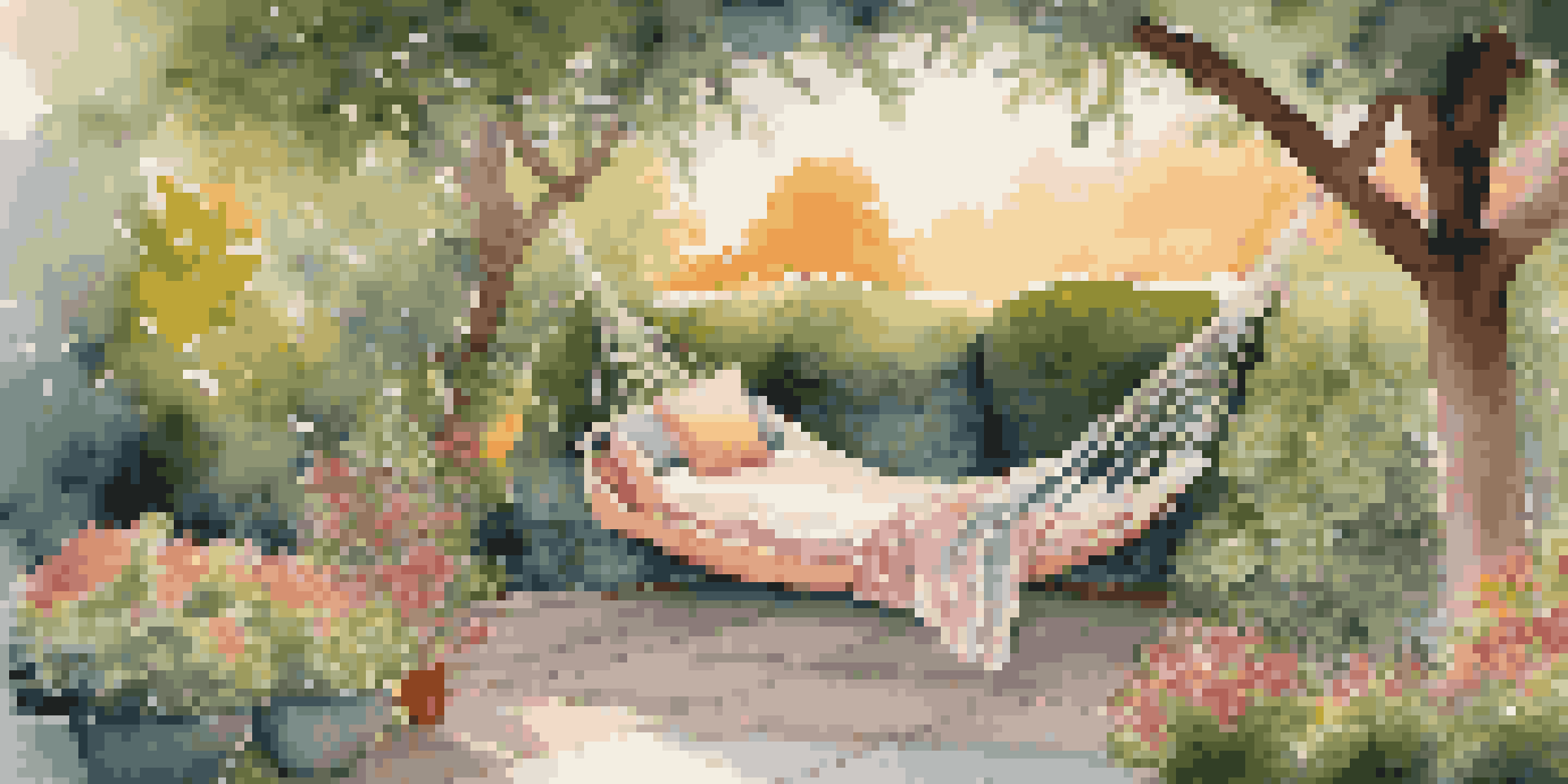 A peaceful garden with a hammock between two trees surrounded by colorful flowers and a small water feature, perfect for relaxation.