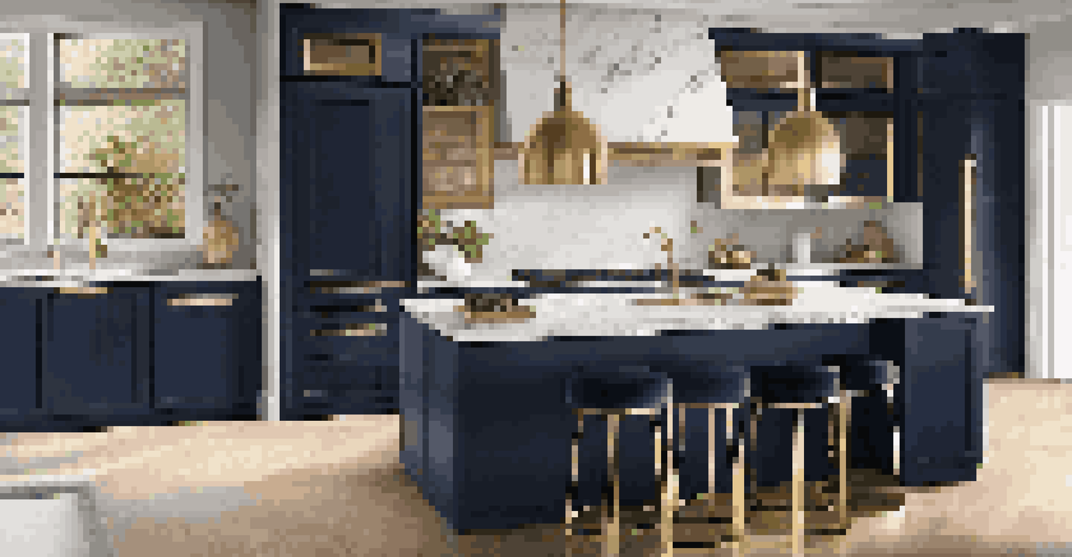 A luxurious kitchen with deep navy cabinets, golden accents, and a polished marble island, highlighted by an oversized sculptural pendant light.