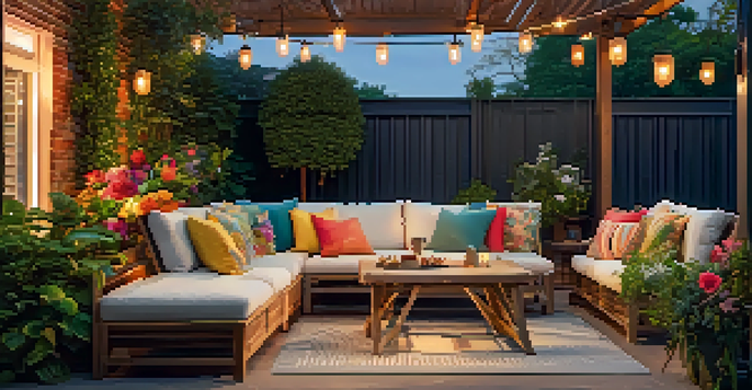 A cozy outdoor patio with comfortable seating, vibrant cushions, and lush plants, illuminated by soft string lights.