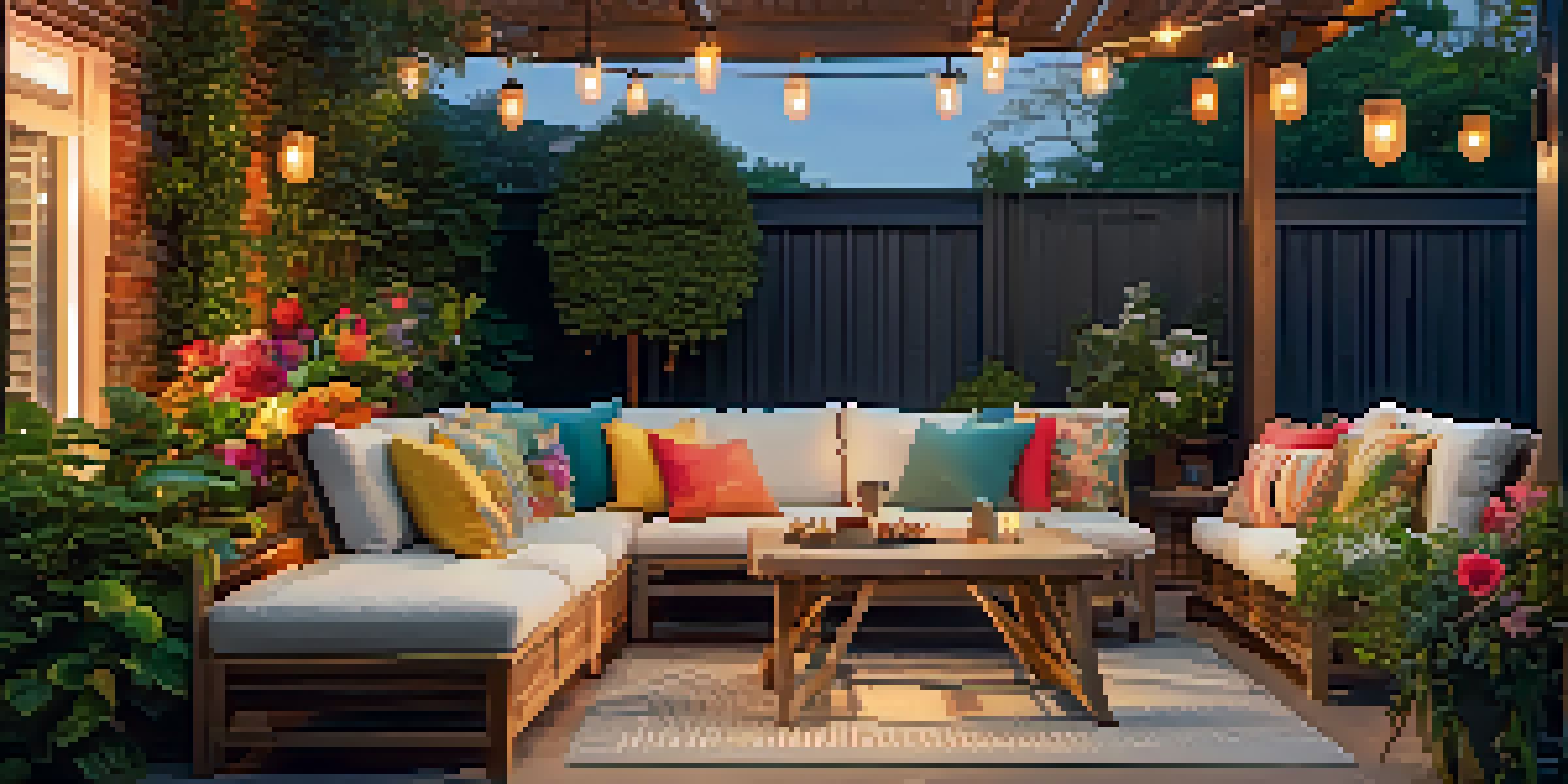 A cozy outdoor patio with comfortable seating, vibrant cushions, and lush plants, illuminated by soft string lights.