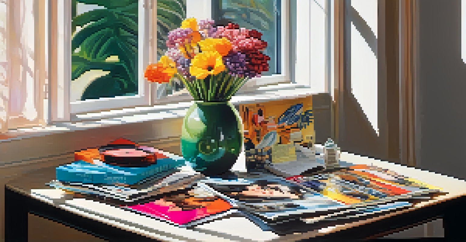 A stylish table with vintage fashion magazines, colorful accessories, and a potted plant, illuminated by sunlight.