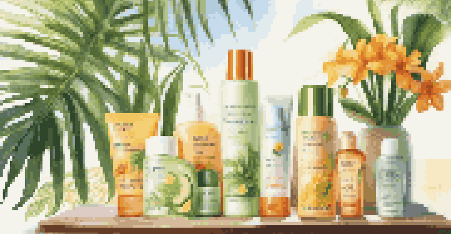 A bright terrace with summer skincare products and tropical plants, conveying a refreshing vibe.