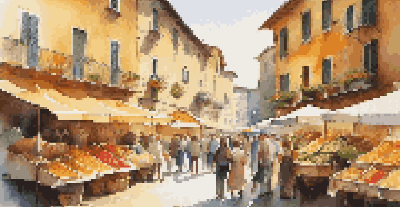 Locals warmly greeting each other in a colorful Italian market filled with fresh produce and flowers, illuminated by golden sunlight.