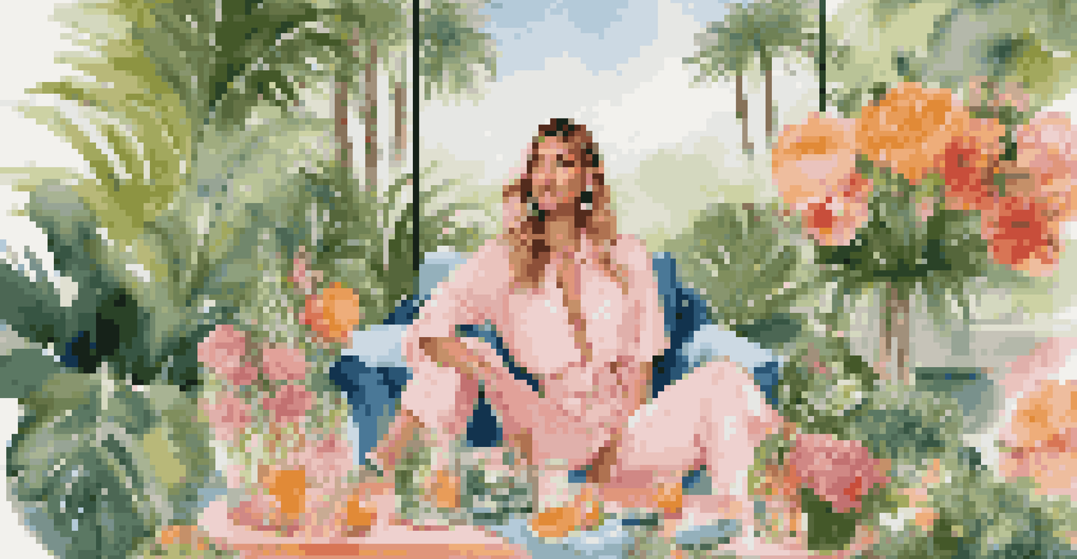 A stylish influencer modeling luxury fashion outdoors with vibrant greenery.