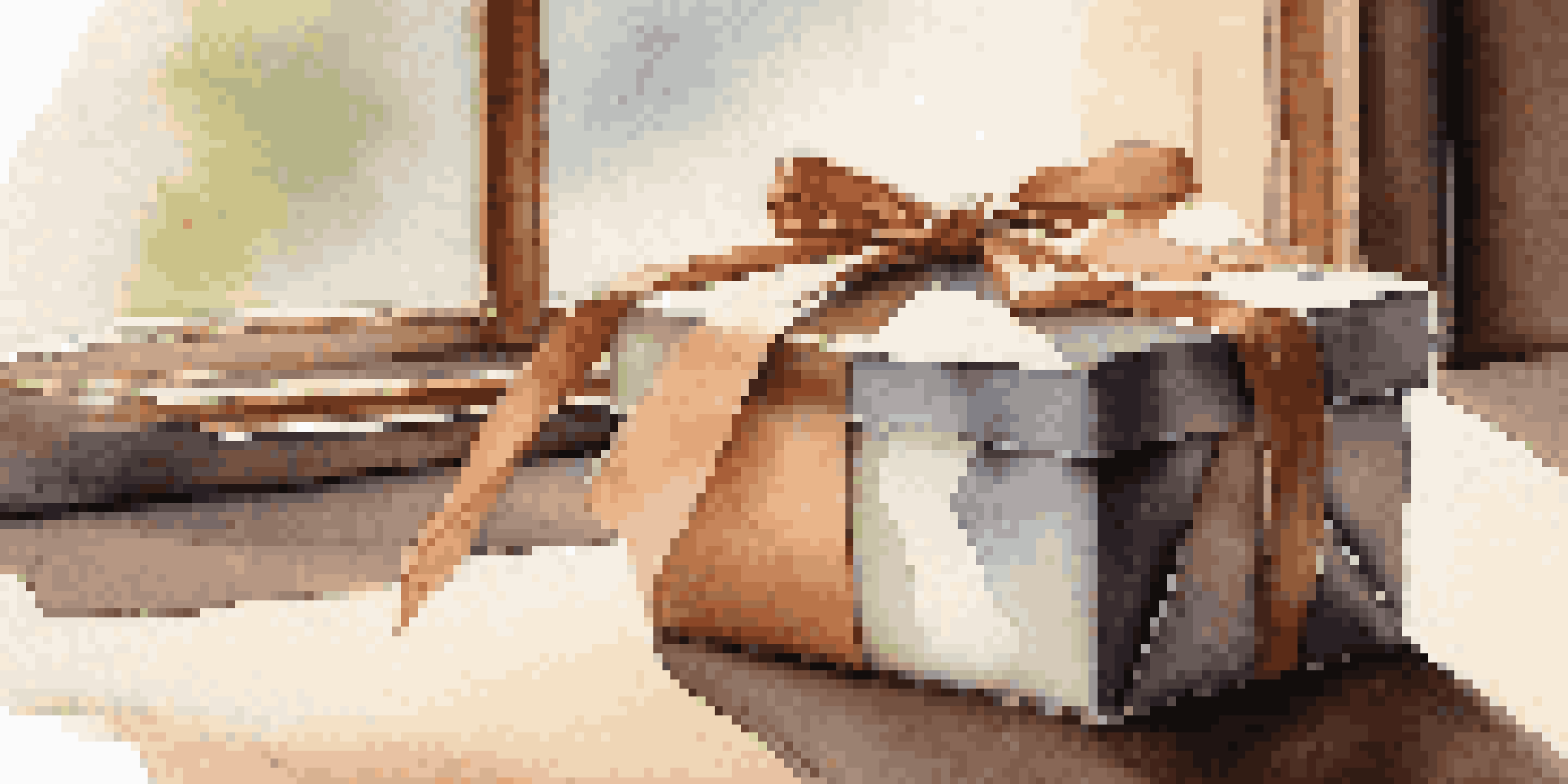 A luxury gift box with a personalized leather wallet, elegantly wrapped with silk ribbon on a wooden table illuminated by natural light.