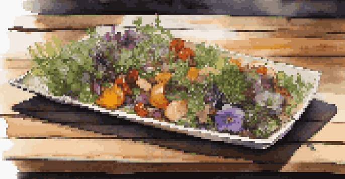 A vibrant vegan dish with seasonal vegetables and edible flowers, presented on a wooden table in a stylish restaurant.