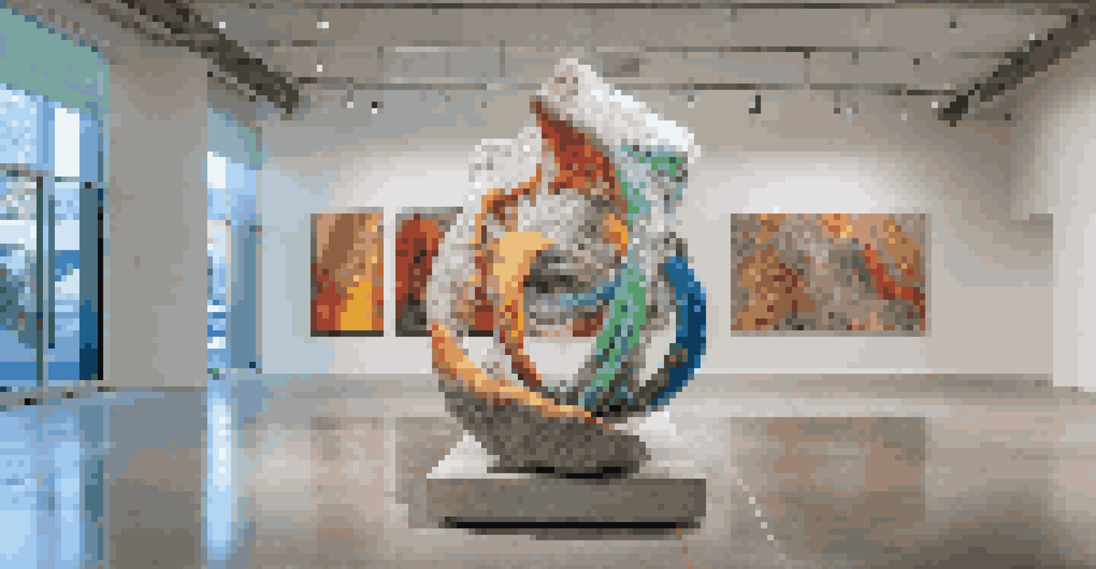 A contemporary art installation made from recycled materials displayed in a modern gallery.
