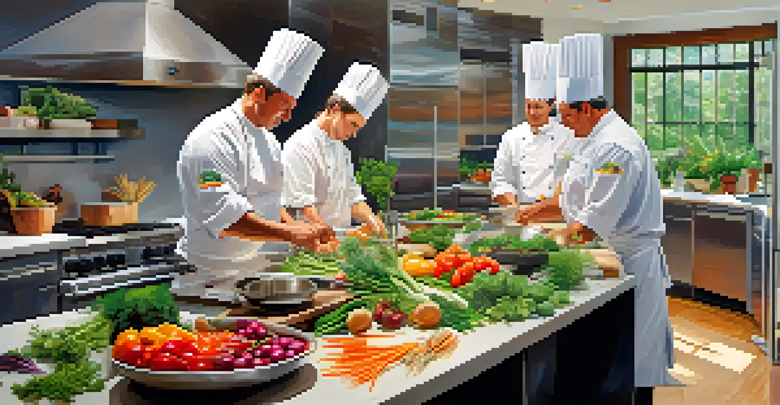 Chefs in a modern kitchen preparing dishes with fresh, local ingredients.