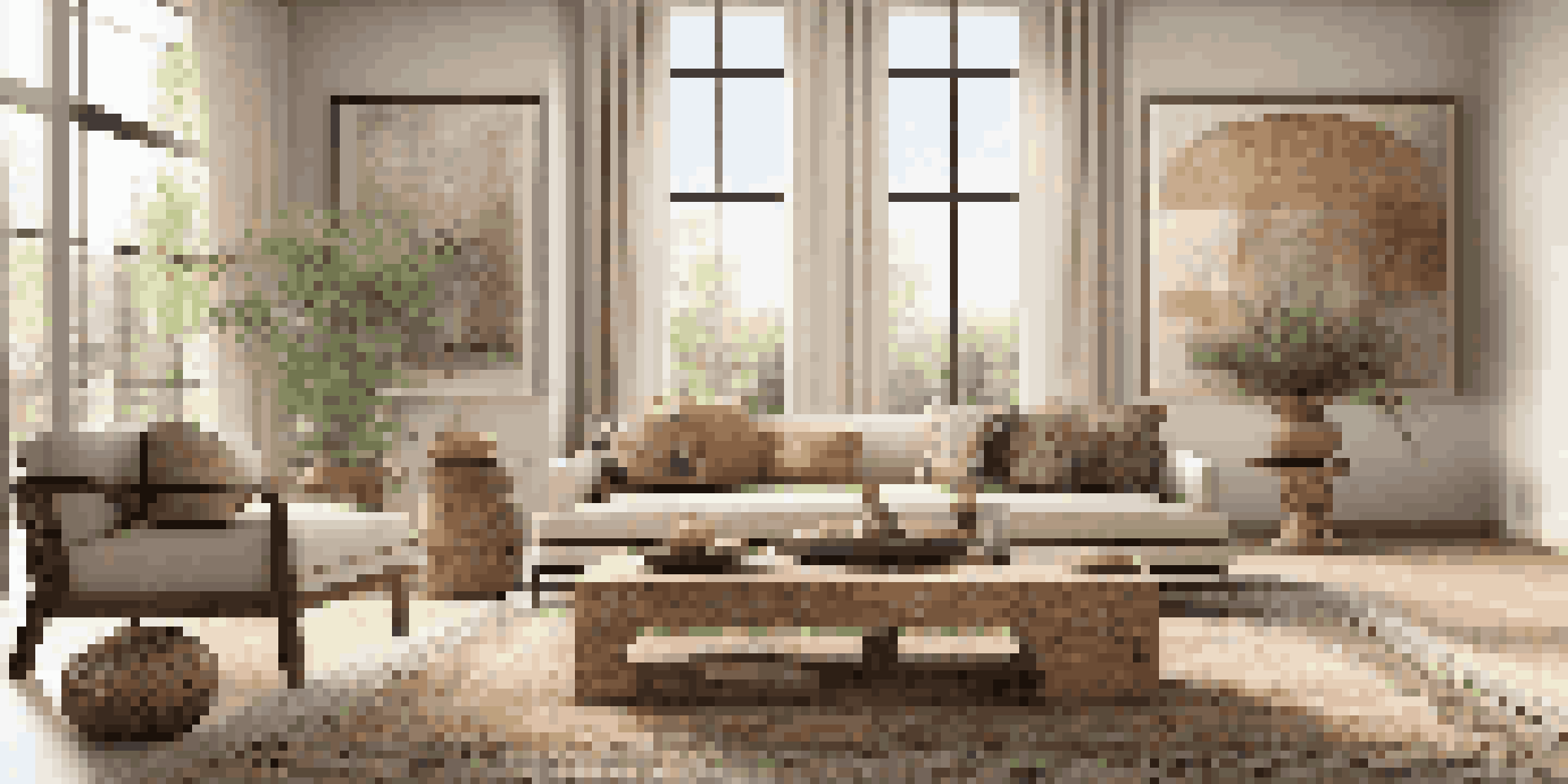 A stylish living room showcasing a mix of Scandinavian and Middle Eastern design elements with a modern sofa and artistic decor.