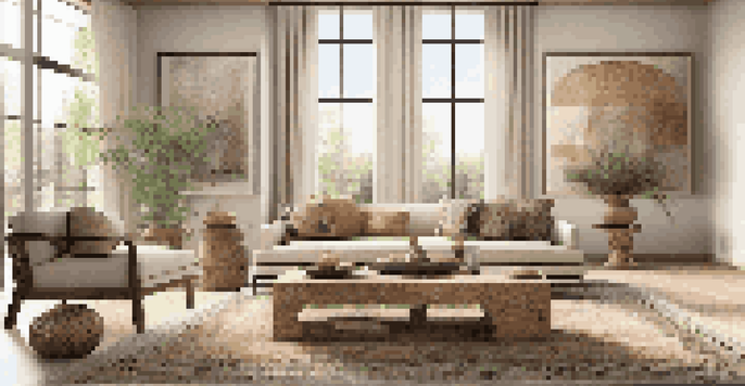 A stylish living room showcasing a mix of Scandinavian and Middle Eastern design elements with a modern sofa and artistic decor.