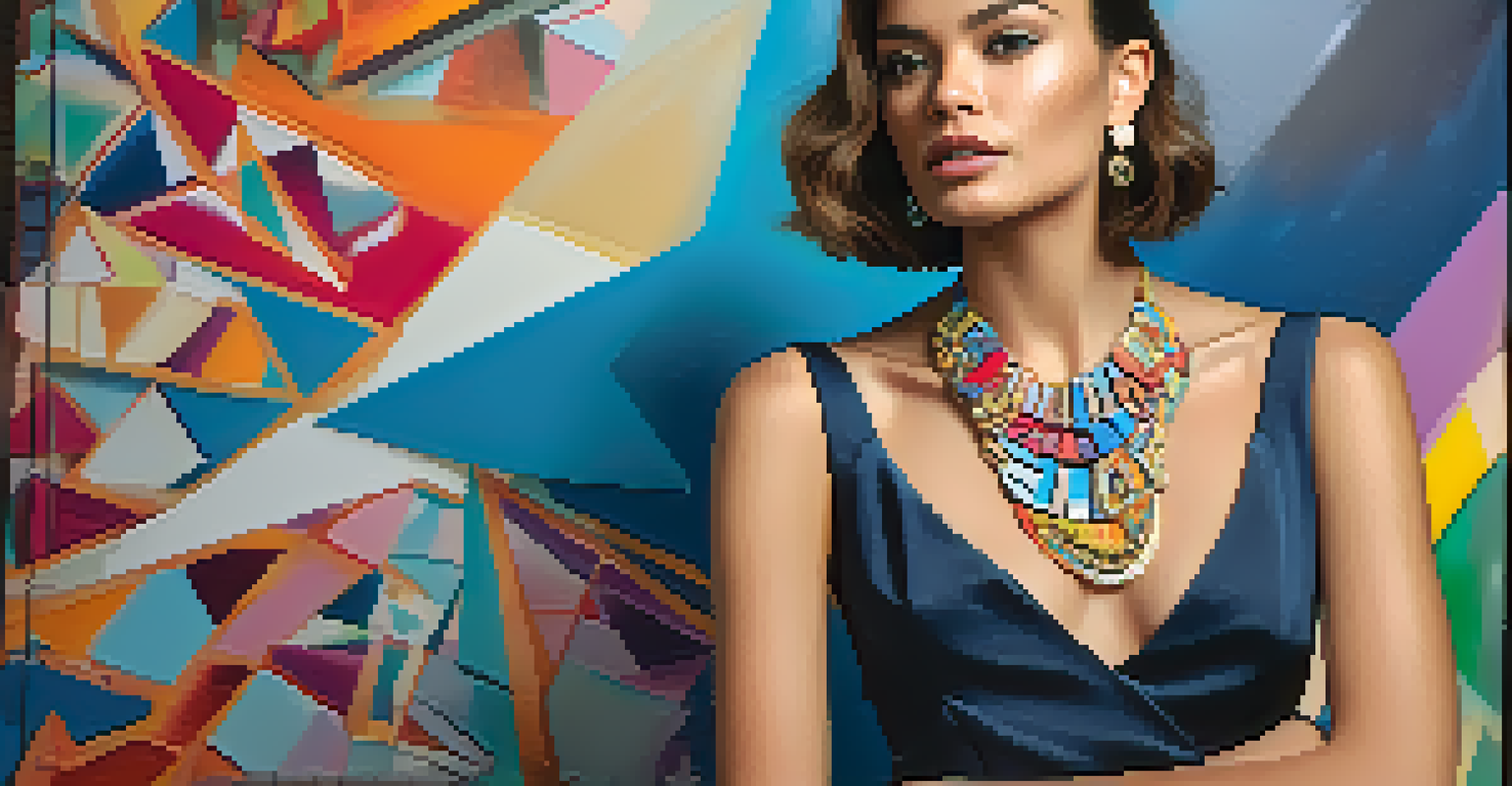 A model showcasing a statement necklace from a luxury collaboration against a colorful art mural background.