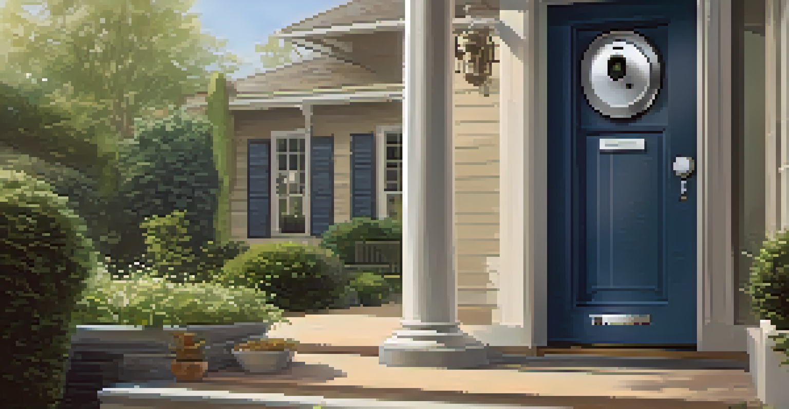 An outdoor shot of a smart doorbell and security camera beside a front door, with a garden in the background and a smartphone displaying a visitor alert.