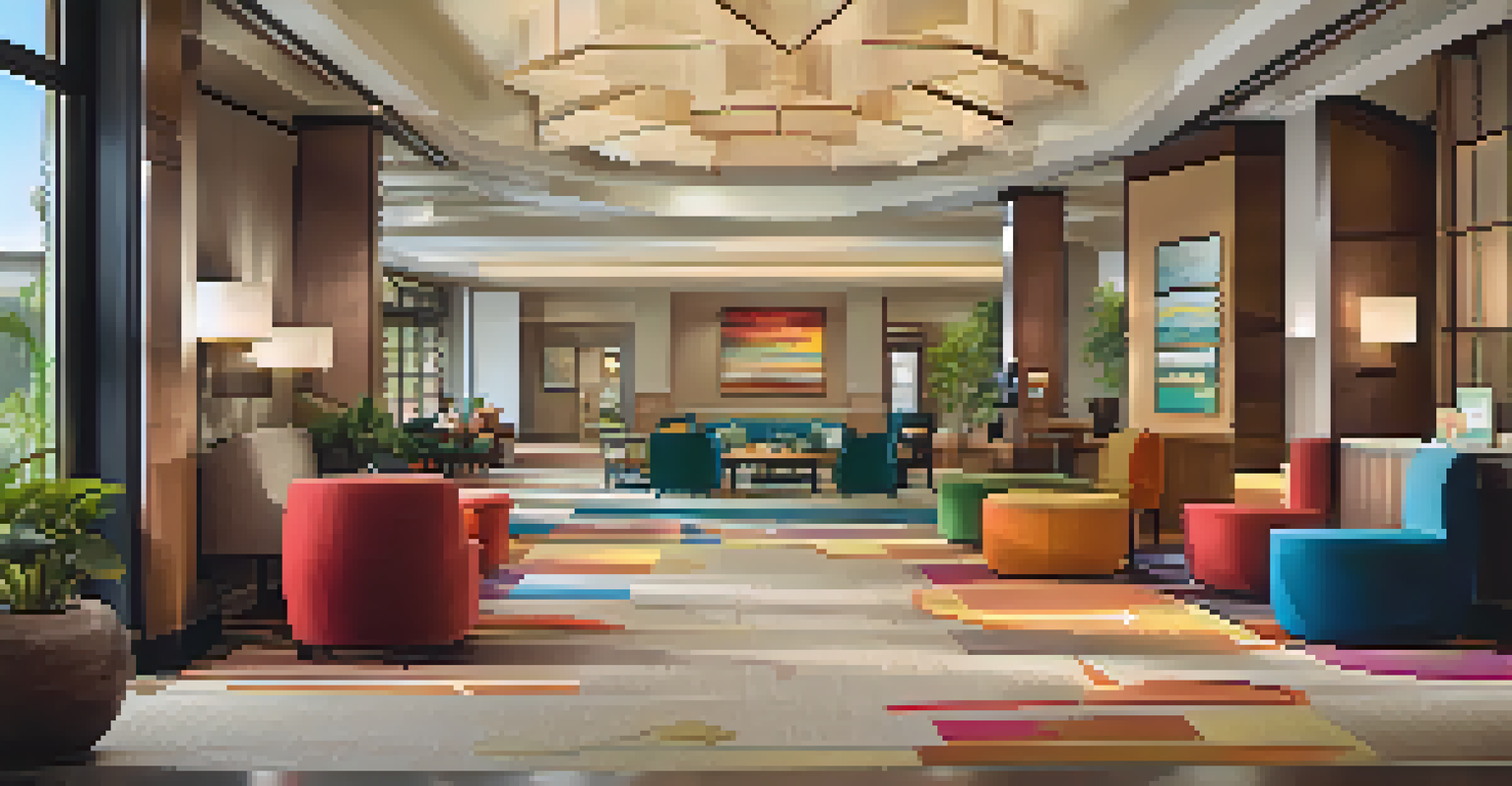 A family-friendly hotel lobby with colorful decor, comfortable seating, and a play area for children.