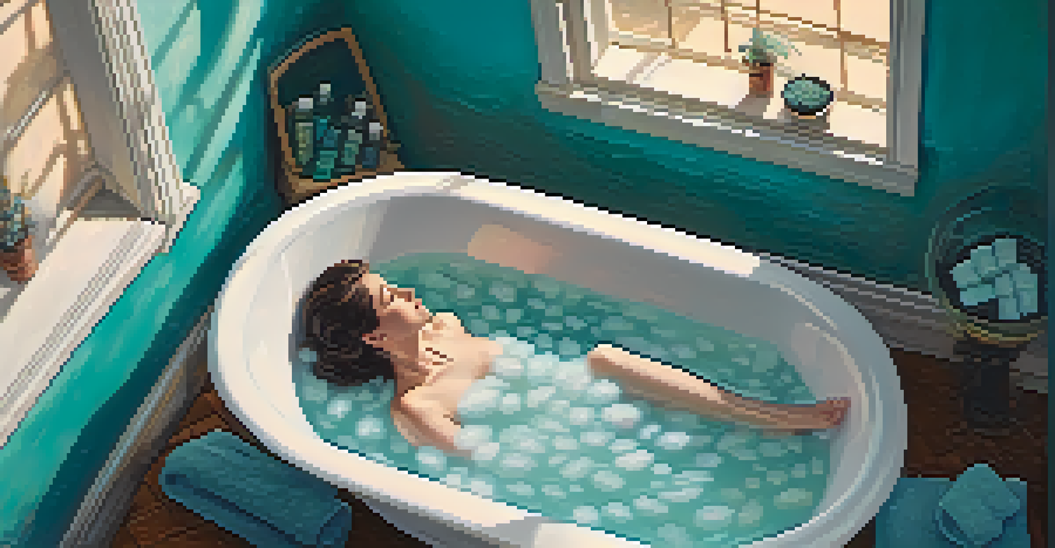A person relaxing in a bathtub filled with turquoise water and Epsom salt, surrounded by essential oils and a soft towel.