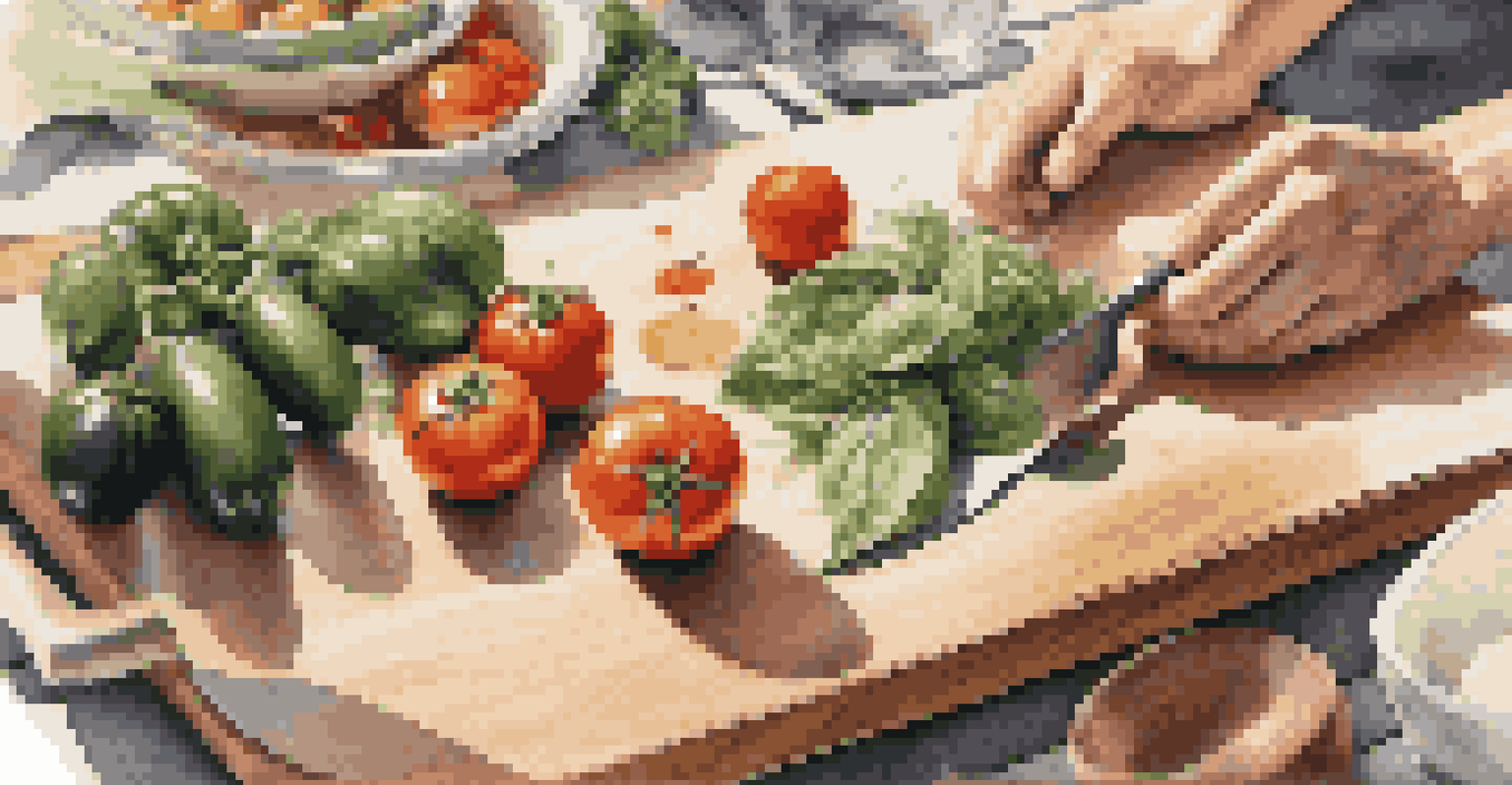 Close-up of hands preparing a seasonal dish with vibrant ingredients on a wooden cutting board.