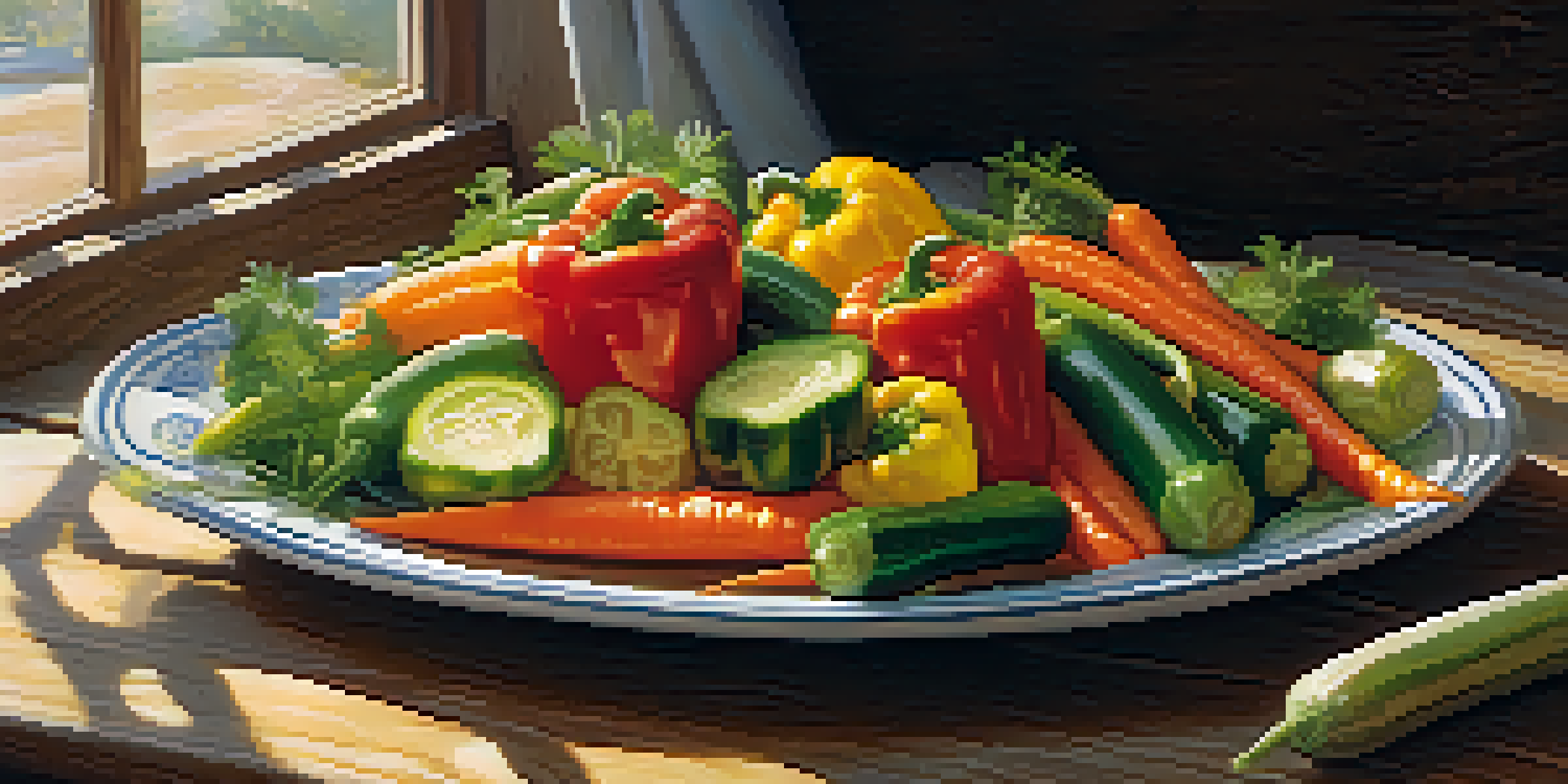 A colorful plate of sautéed vegetables arranged on a wooden table, illuminated by warm light.