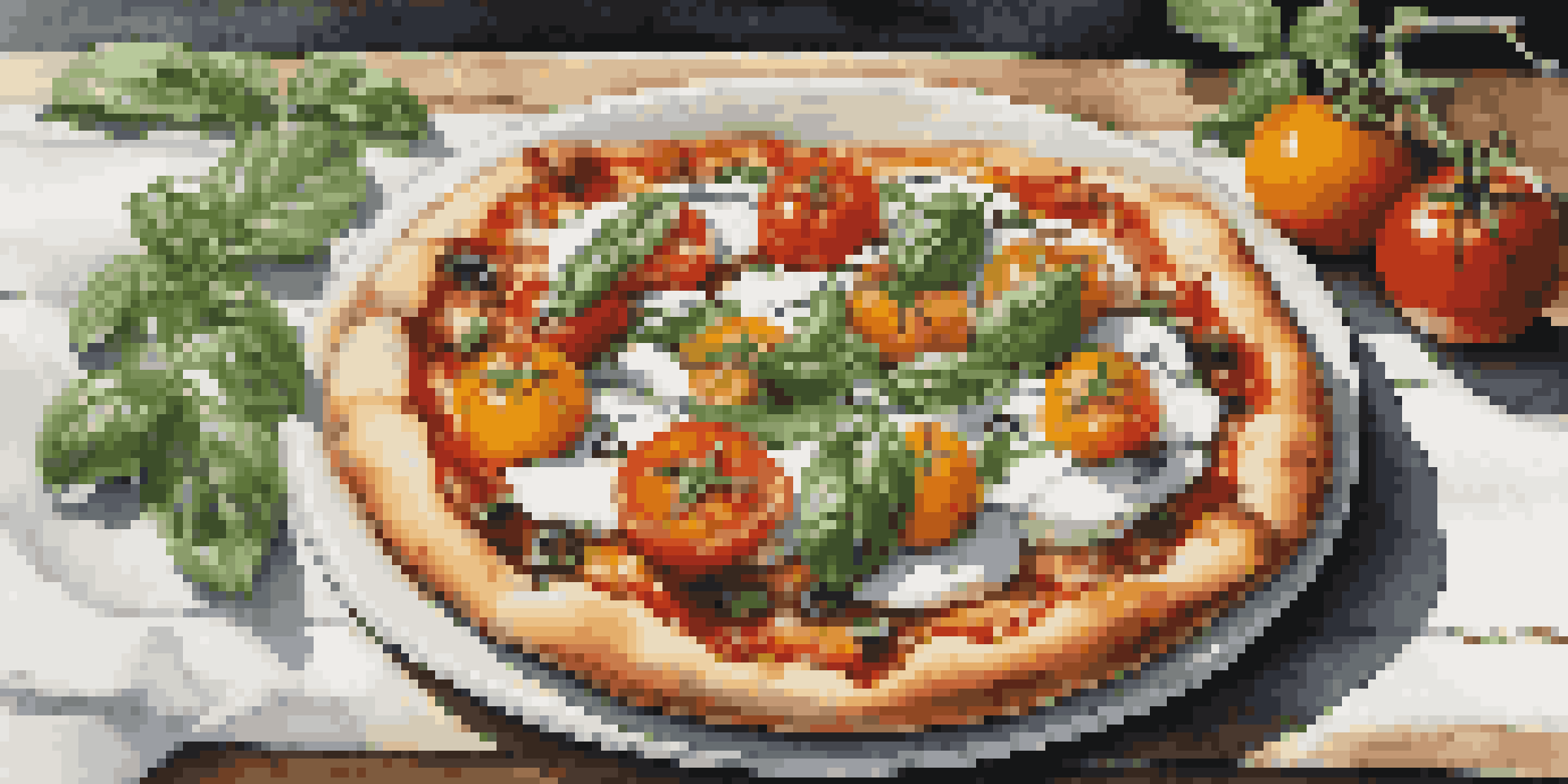 A gourmet pizza topped with heirloom tomatoes, creamy burrata, and fresh basil on a rustic wooden table, with a drizzle of balsamic glaze.