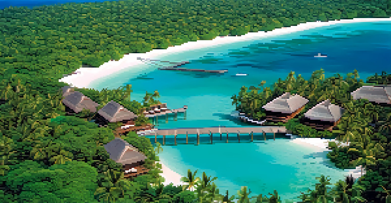 An aerial view of a private island in the Maldives with overwater bungalows and clear turquoise water.