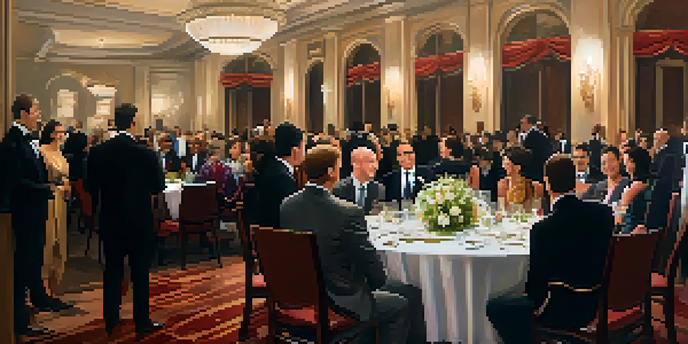 A diverse group of professionals at a networking event, smiling and engaging in conversation in an elegant banquet hall.