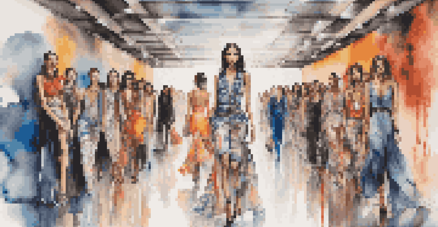 Models on a fashion runway showcasing clothing with graffiti patterns, in a gallery-like setting with street art in the background.