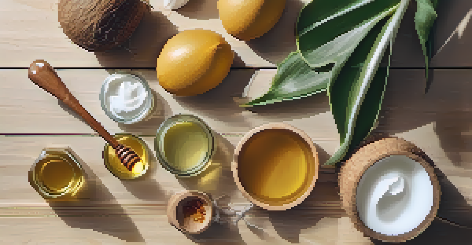 Flat lay of natural skincare ingredients on a wooden table, featuring coconut oil, honey, and aloe vera.