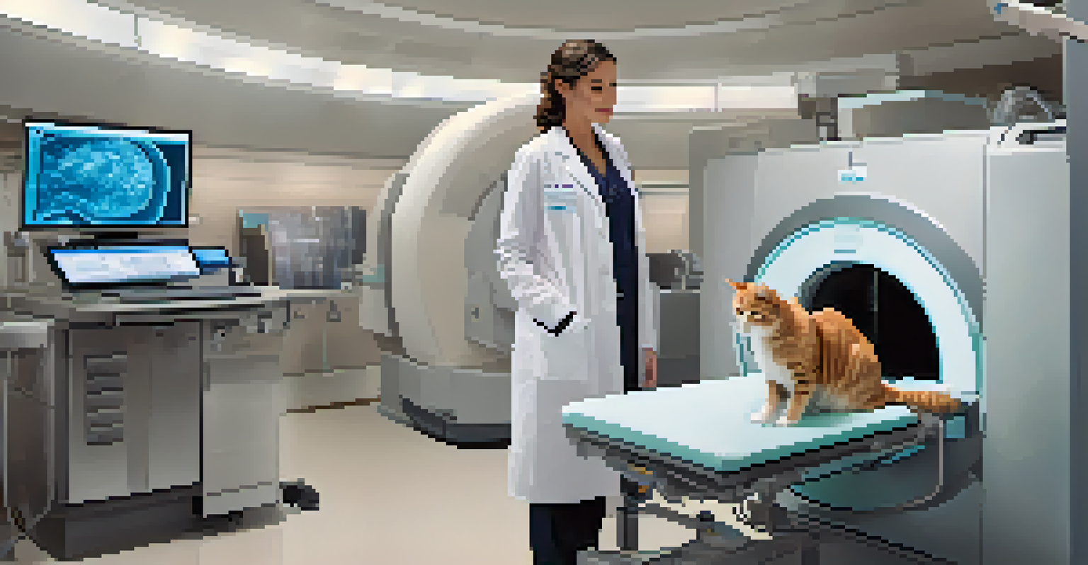 A veterinarian examining a cat using advanced imaging technology in a modern veterinary clinic, highlighting the blend of care and technology.