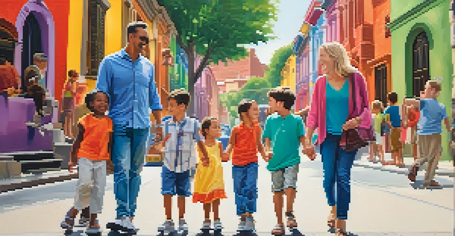 A family on a cultural tour in a vibrant city, interacting with a local guide amidst colorful street art and historical buildings.