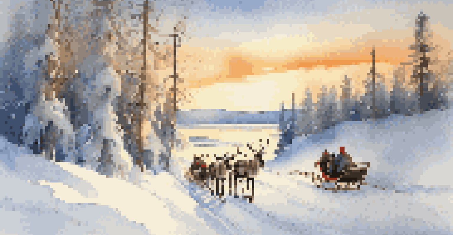 Families enjoying a reindeer sleigh ride through the snow in Lapland, surrounded by snow-covered trees and a warm sunset glow.