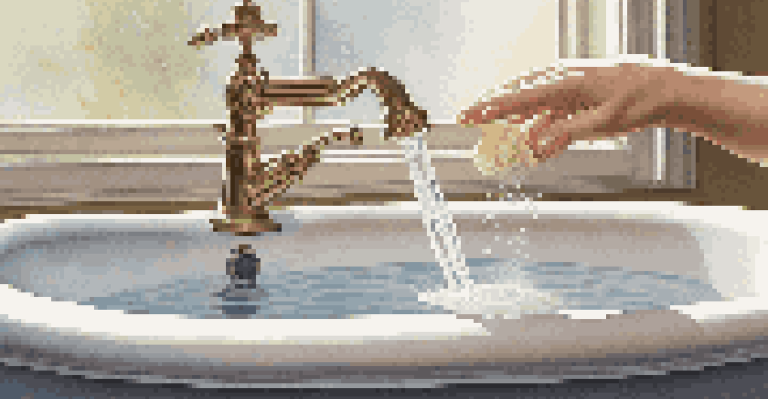 A close-up of a hand pouring bath oil into a bathtub, creating swirls in the water, with flowers on the edge.