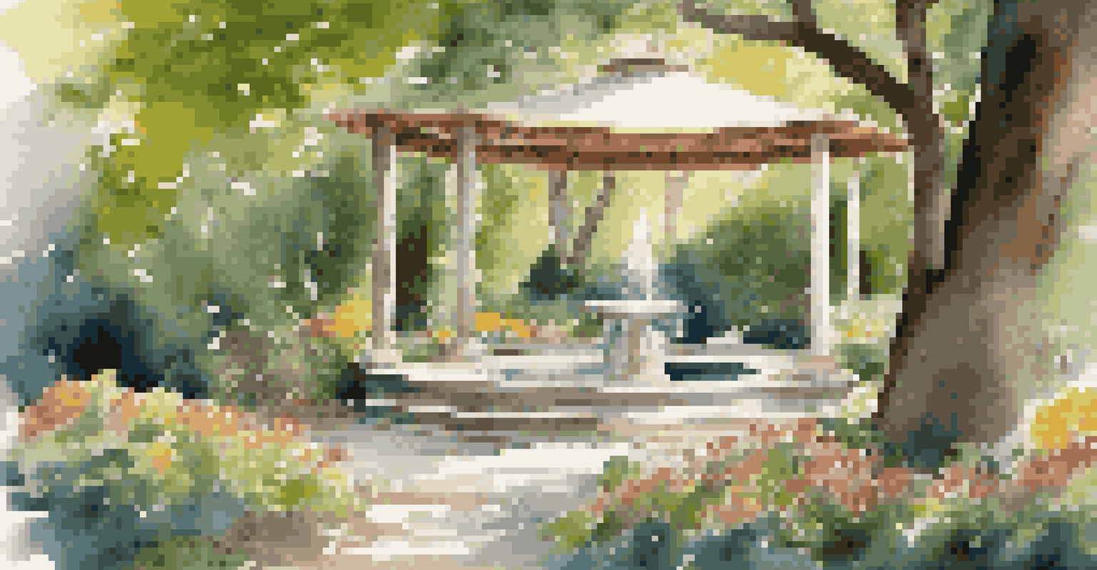 A peaceful meditation space in nature with cushions arranged under trees, illuminated by dappled sunlight.