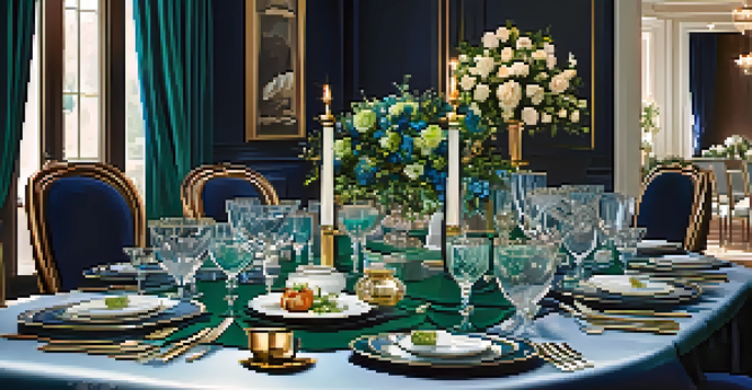 An elegant dining table set with fine china, glassware, and floral centerpieces, illuminated by soft lighting.