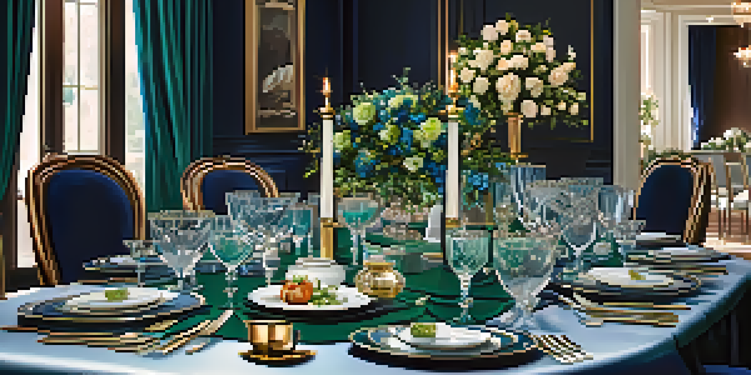 An elegant dining table set with fine china, glassware, and floral centerpieces, illuminated by soft lighting.