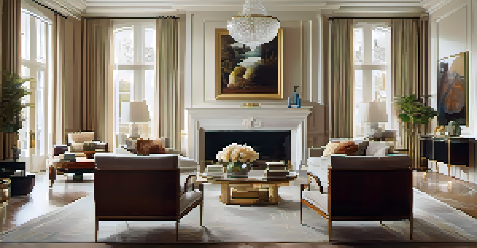 An opulent living room with plush furniture and art, illuminated by warm natural light, showcasing luxury.