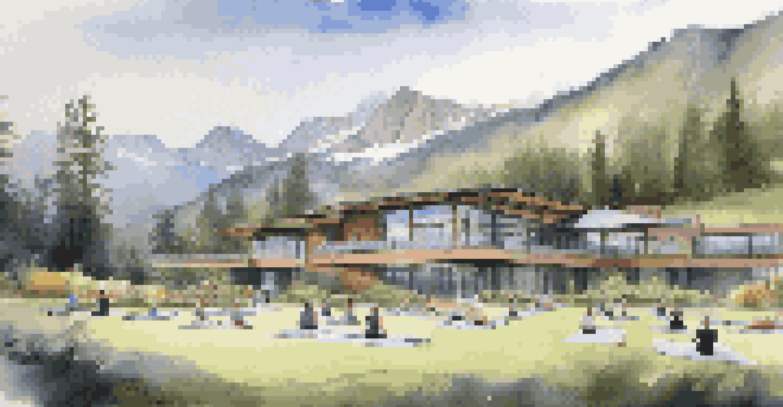 A luxury fitness retreat in the mountains with people participating in a fitness class on a grassy area.