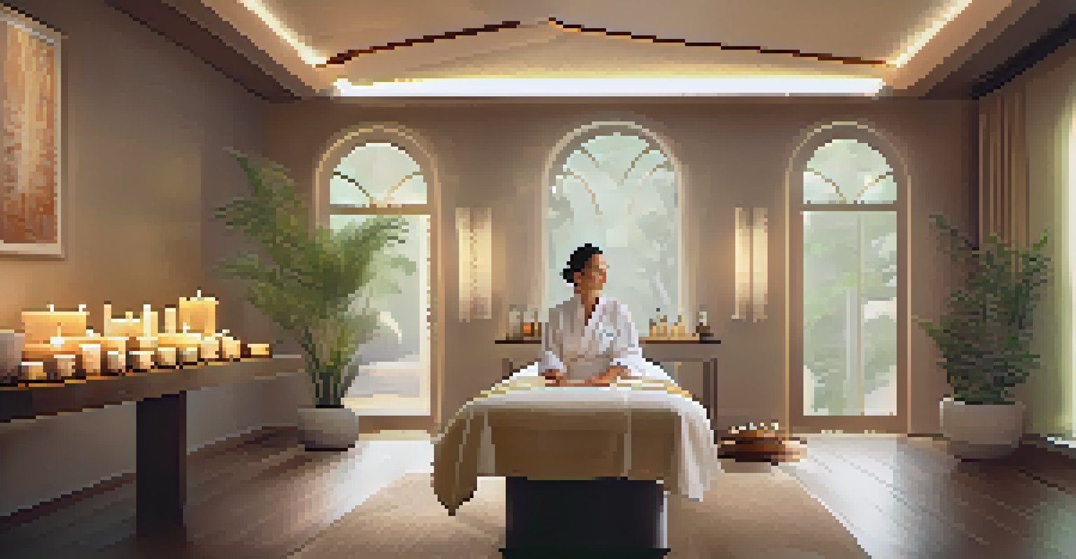 A calming spa room with a therapist preparing for a massage, surrounded by candles and oils.