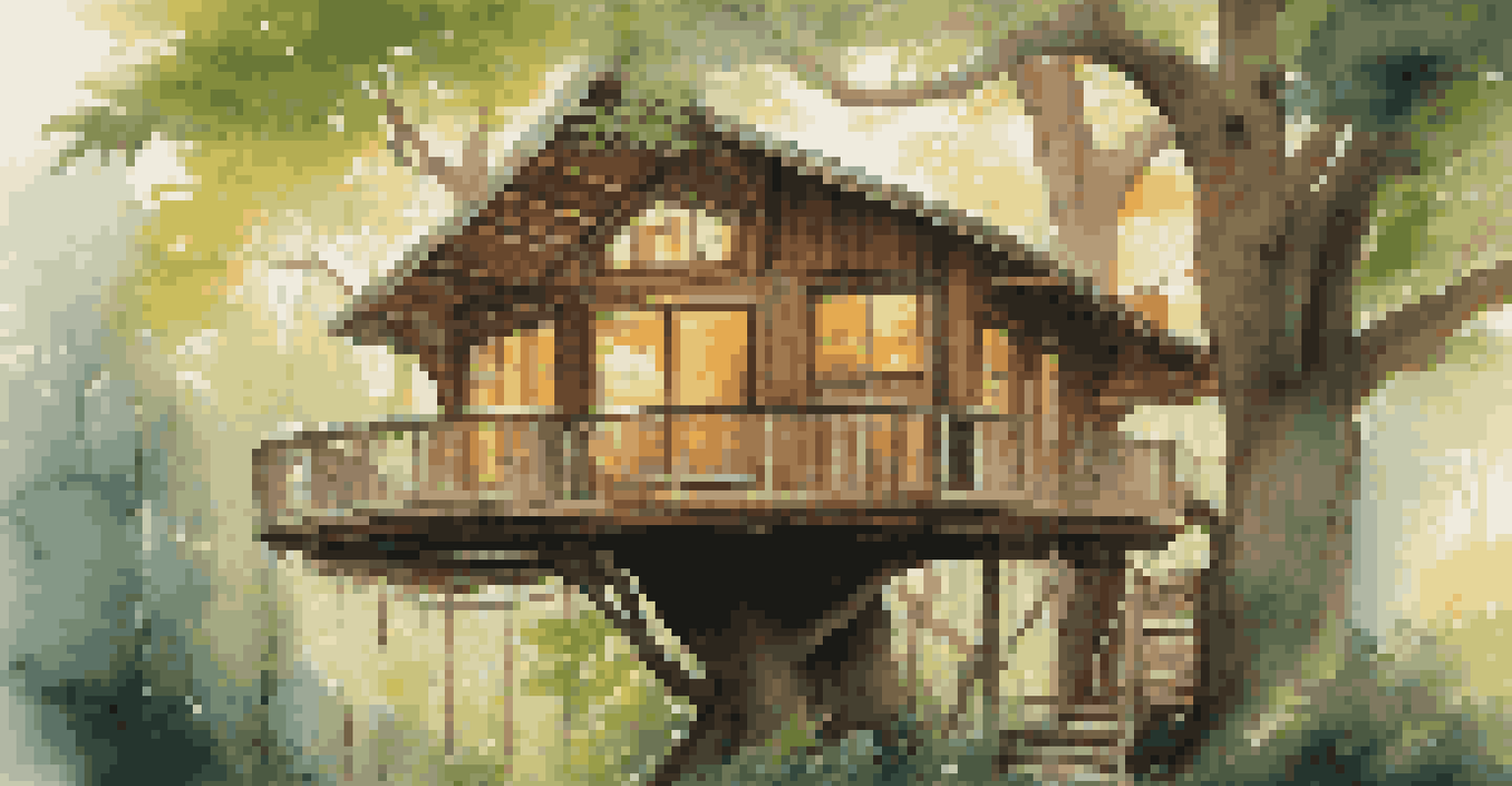 A unique treehouse accommodation nestled among trees with morning light filtering through the leaves.