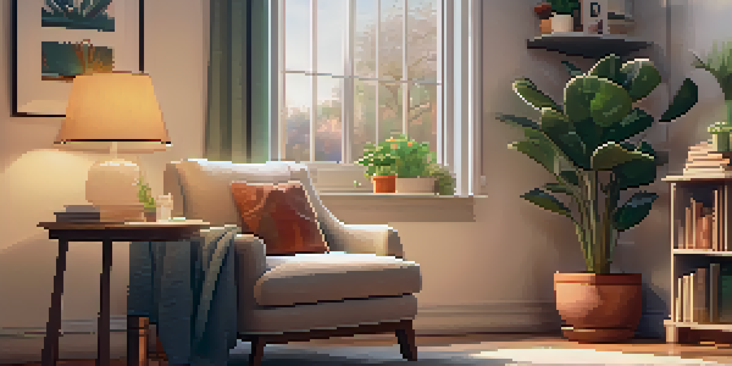 A cozy reading nook in a softly lit corner, with a plush chair, warm blanket, potted plants, and a bookshelf.