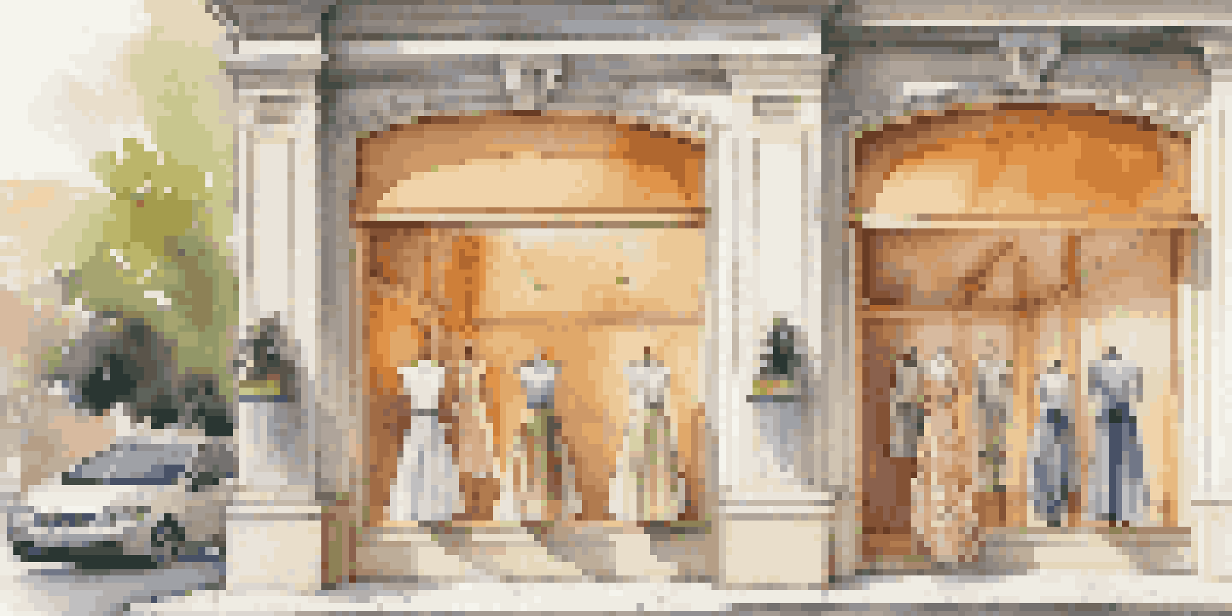 A luxury fashion brand's storefront showcasing eco-friendly clothing with vibrant materials and warm sunlight illuminating the scene.