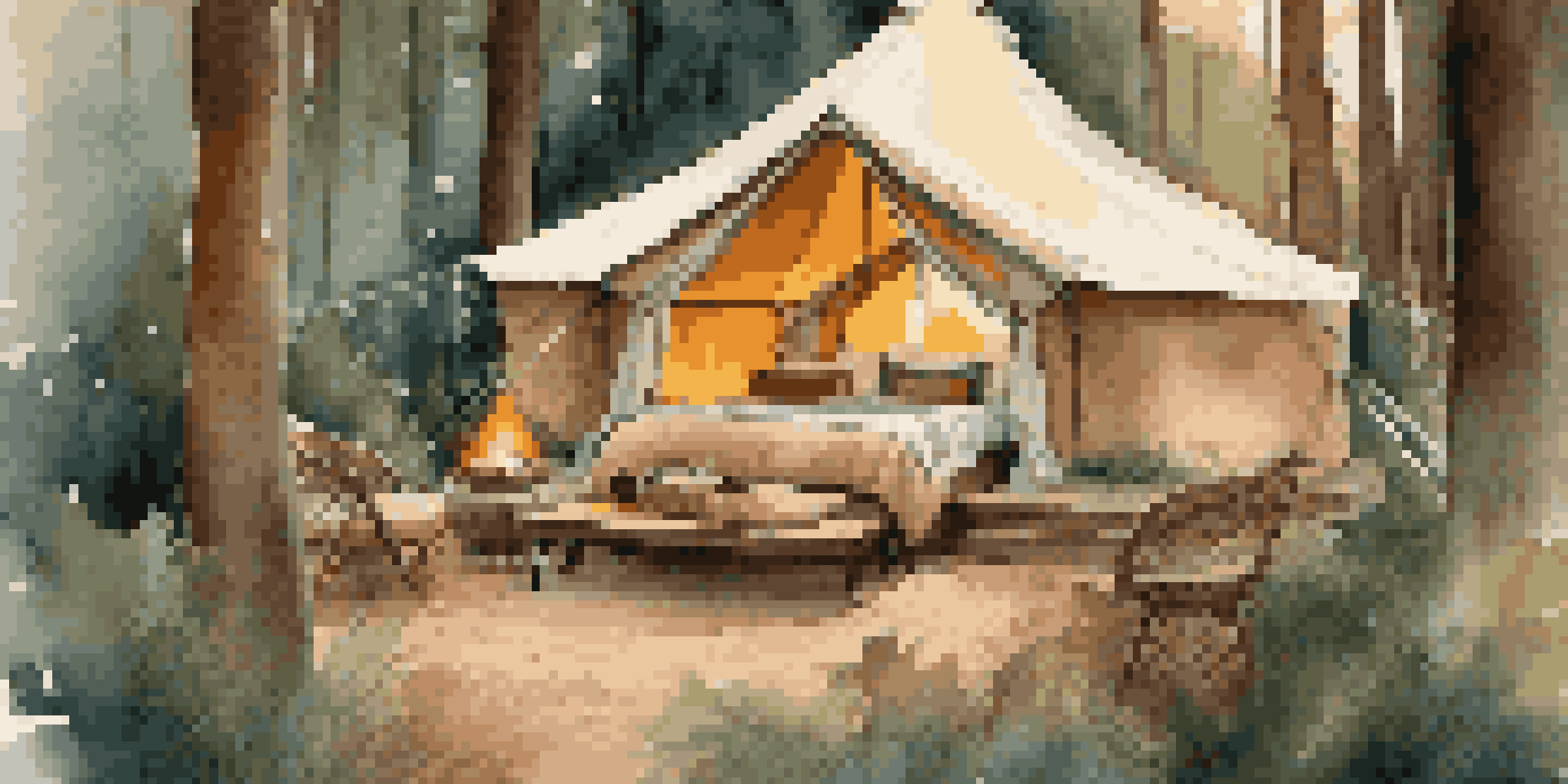 A luxurious glamping tent set in a serene forest, complete with elegant furnishings and a cozy fire pit, illuminated by the warm glow of sunset.