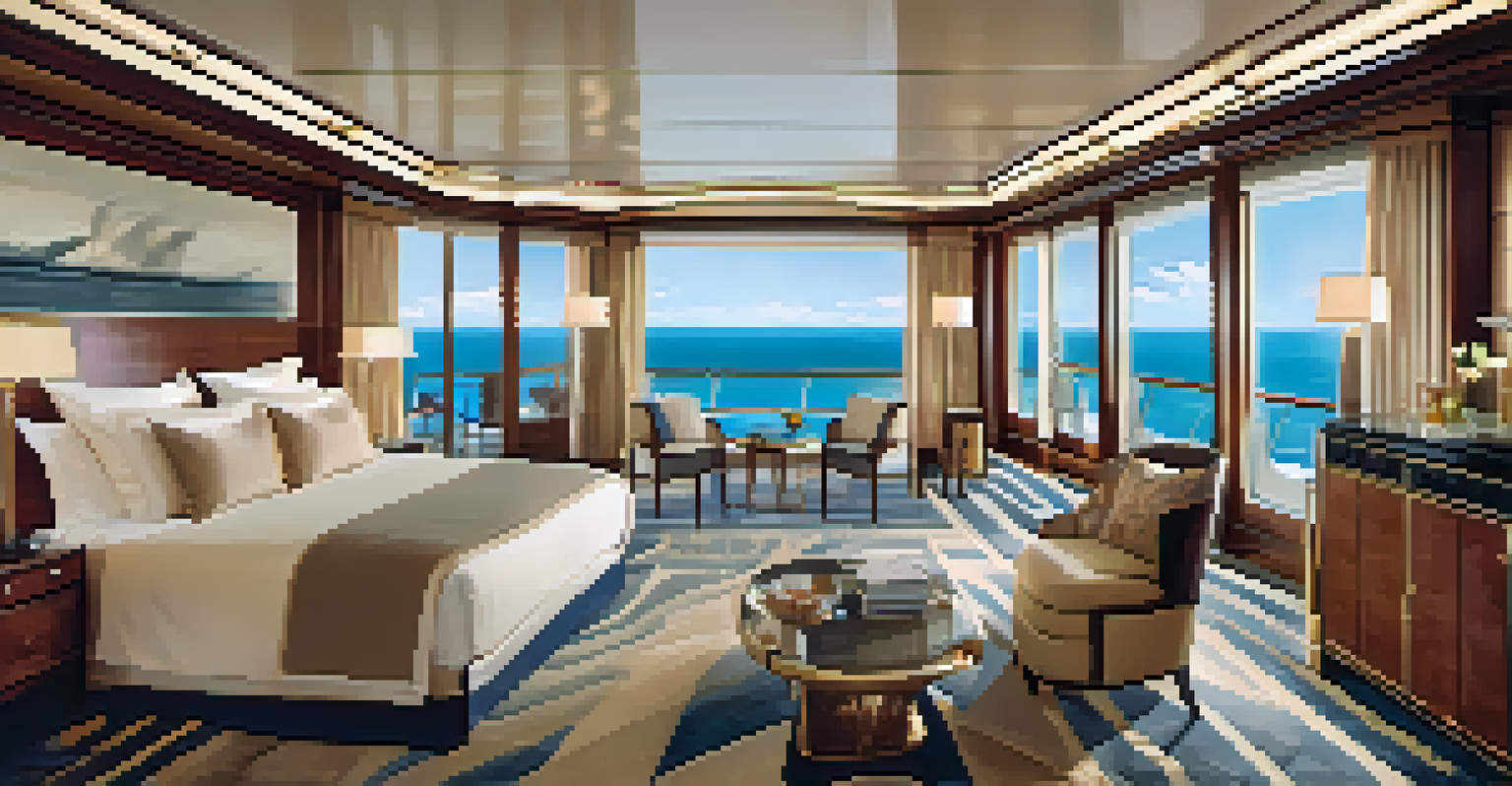 A luxurious cruise ship suite with ocean views and elegant decor.