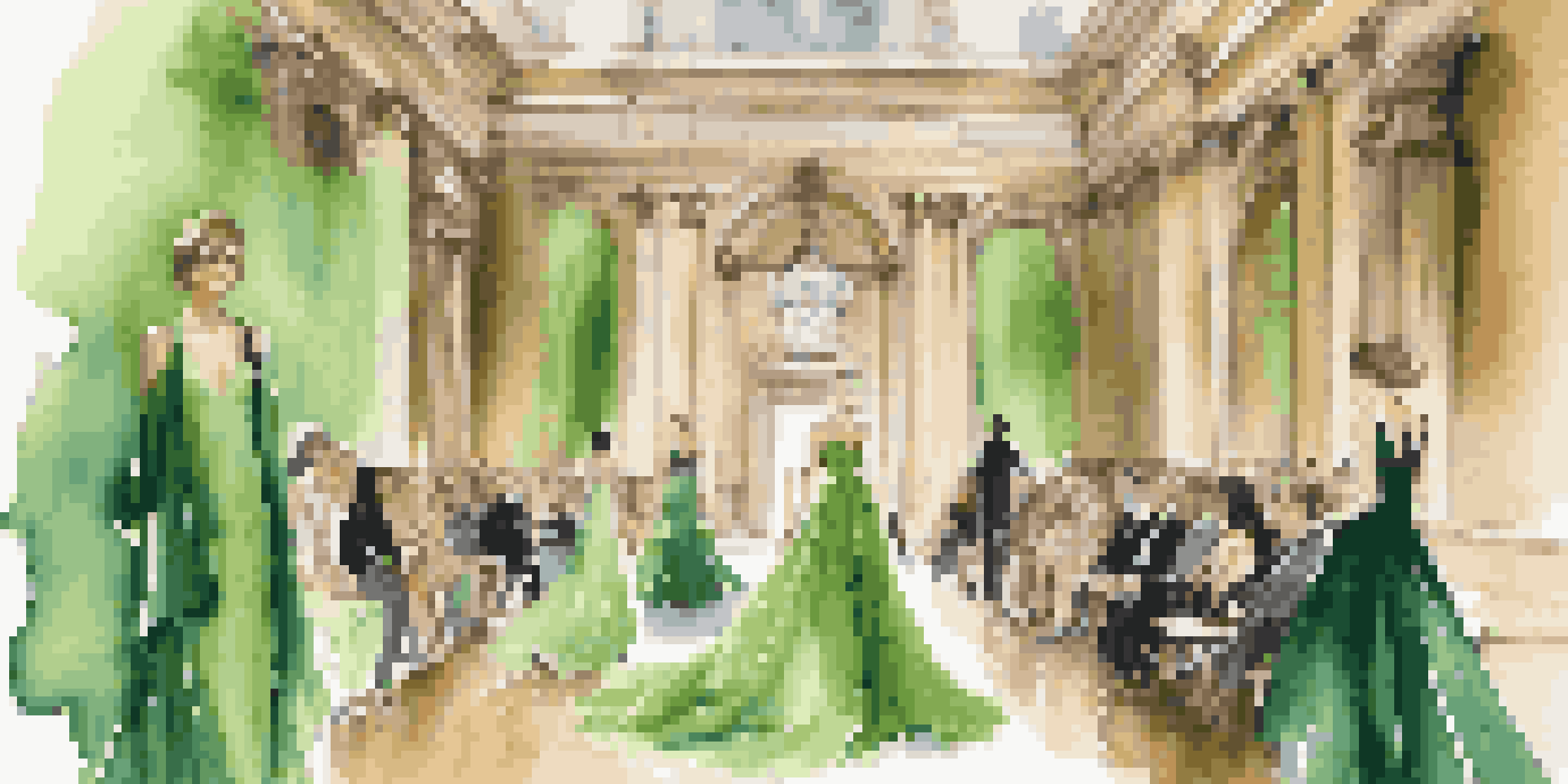 A fashion show featuring models in nature-inspired gowns walking down a runway in a grand historical venue, illuminated by warm lights.