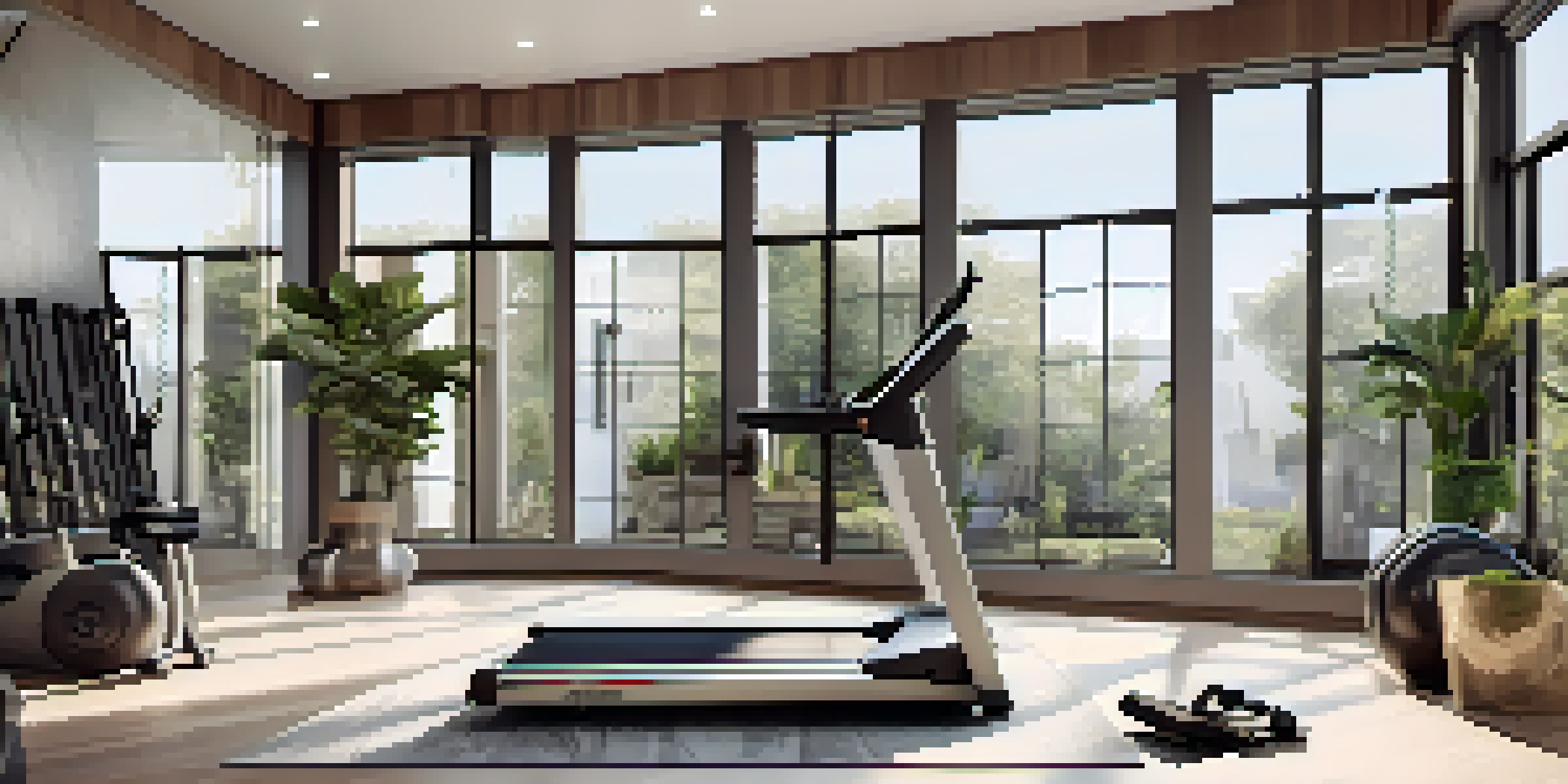 A stylish home gym with luxurious fitness equipment and natural lighting.