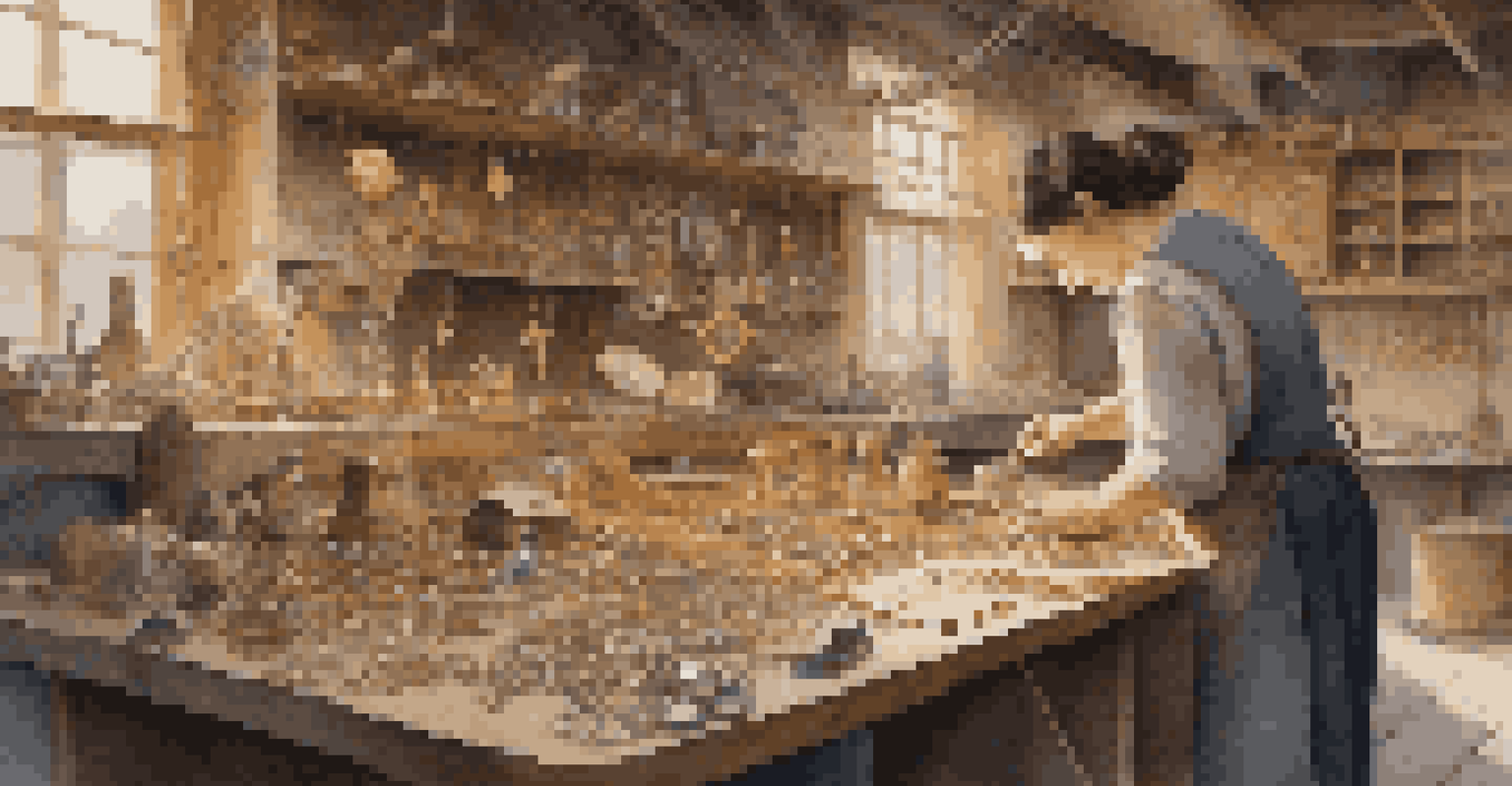 An artisan working on handcrafted jewelry in a workshop, surrounded by tools and glowing with warm ambient lighting.