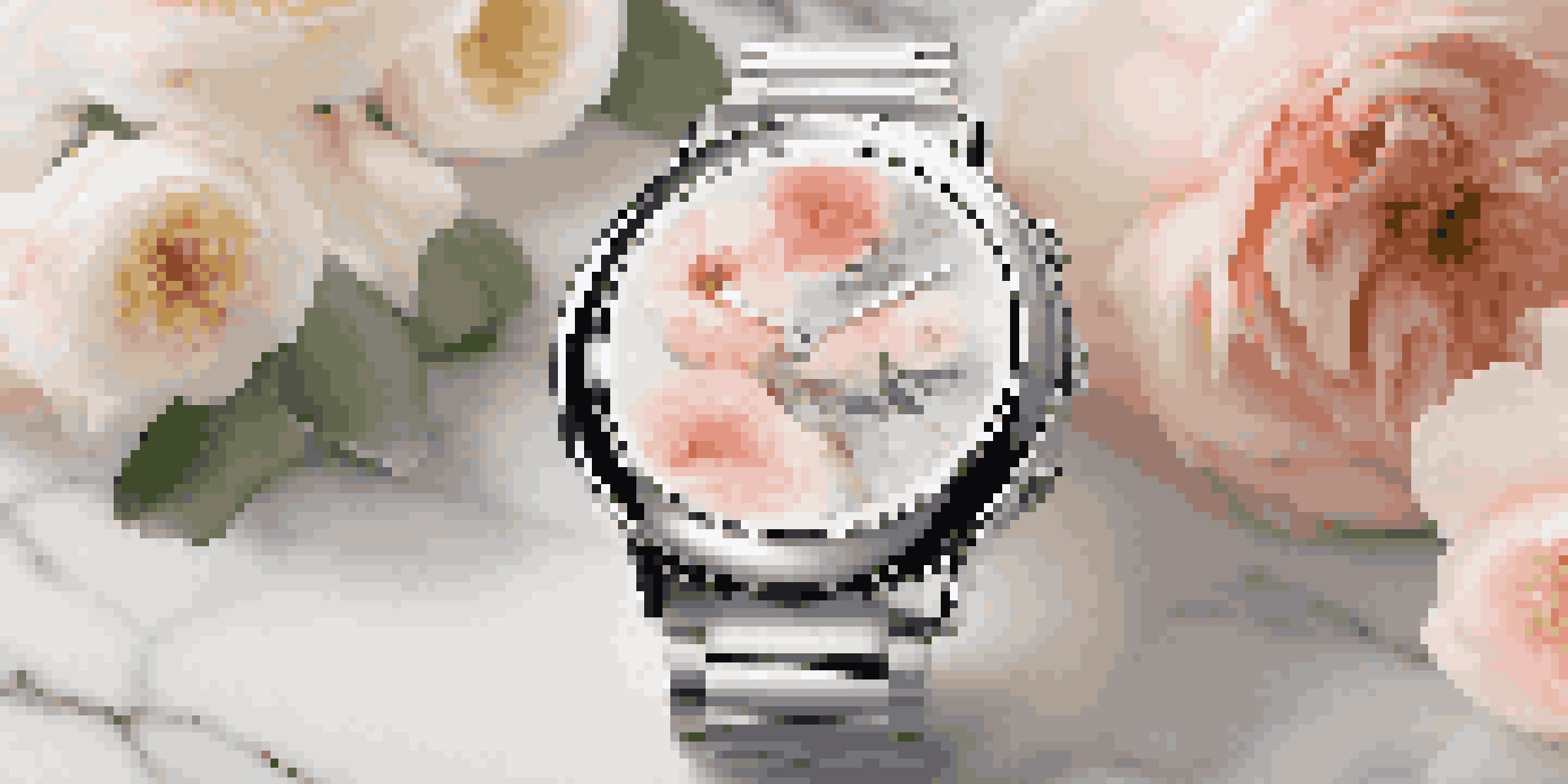 A luxurious smartwatch on a marble countertop, surrounded by delicate pastel flowers and illuminated by natural sunlight.